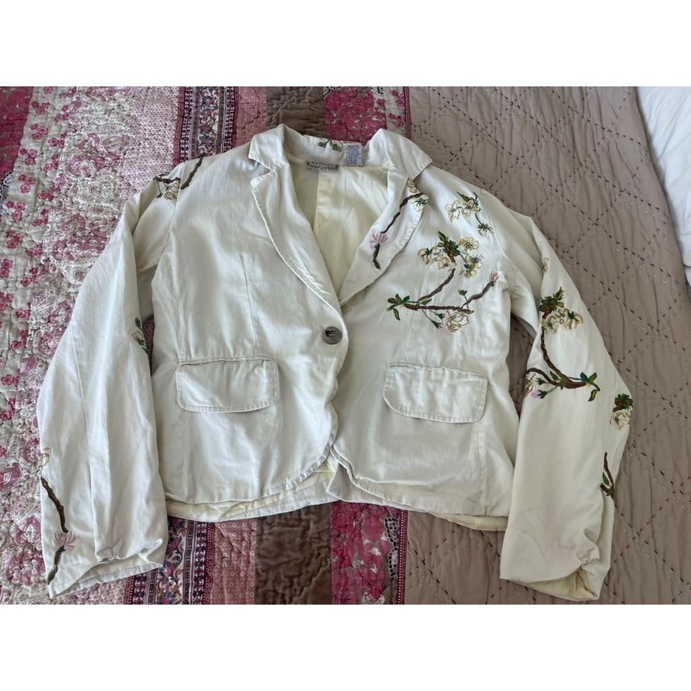 New Direction Womens XL Cream Cotton Embroidered Floral Blazer Jacket Button Up